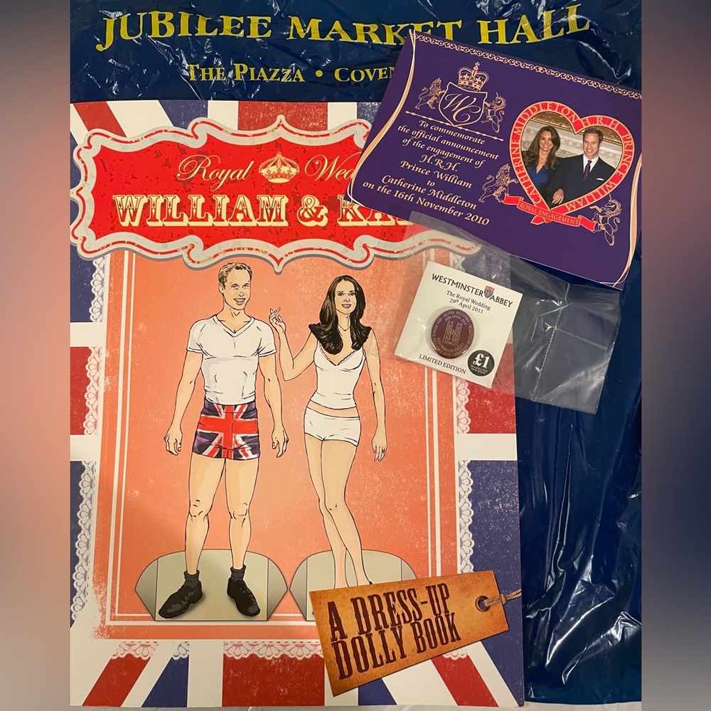 Royal Wedding William & Kate Paper Doll Cut-out book, commemorative pin/postcard